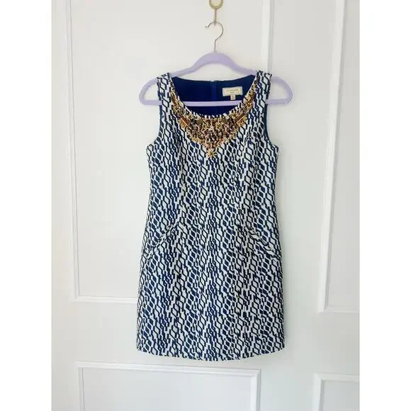 Anthropologie Beaded Blue and White Maison Souers Dress Size 4 Petite - Picture 2 of 11